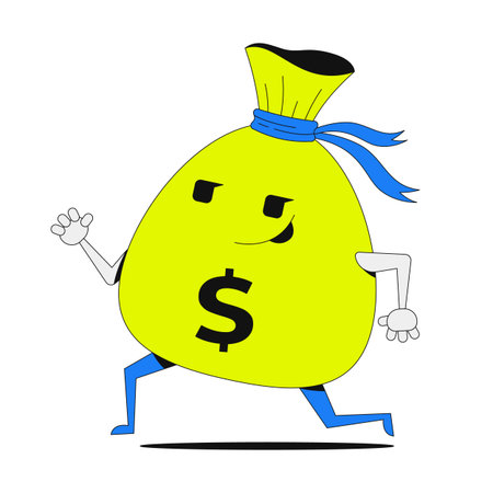 Savings bag character running 2D onboarding ui illustration. Fun and energetic dollar moneybag mascot. Cashback finance motivation cartoon concept isolated on white. Flat abstract vector metaphorのイラスト素材