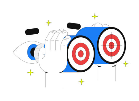 Strategy vision 2D onboarding ui illustration. Binoculars focused on bullseye targets. Goal clarity precision in business marketing cartoon concept isolated on white. Flat abstract vector metaphorのイラスト素材