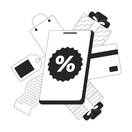 Mobile shopping and discount marketing line onboarding ui illustration. Smartphone percentage, cashback, receipt, ecommerce gifts outline 2D concept isolated. Ink linear metaphor vector artのイラスト素材