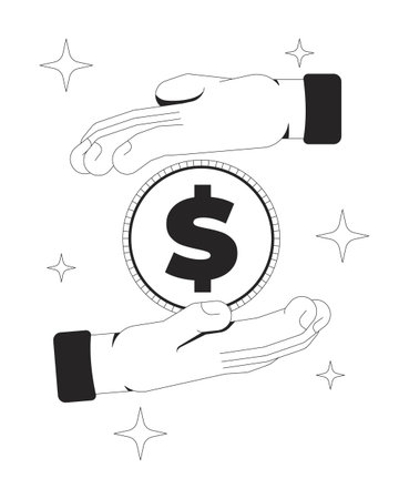Payment processing line onboarding ui illustration. Hands exchanging dollar coin twinkles. Financial care, investment, savings protection outline 2D concept isolated. Ink linear metaphor vector artのイラスト素材