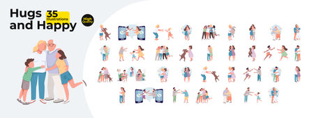 Happy hug moments cartoon flat illustrations mega bundle. Family friends heartfelt. Heartwarming diverse people embracing and pets 2D images isolated on white. Collection vector drawings colorfulのイラスト素材