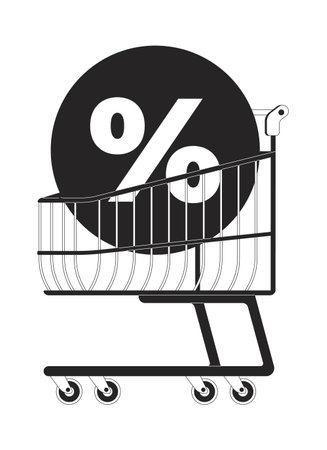 Shopping cart with large discount symbol 2D line object. Retail offer. Store promotion. Supermarket trolley with percentage sign isolated clipart vector ink outline item. Monochrome spot illustrationのイラスト素材