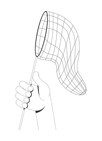 Hand holding catching net outline illustration. Gripping butterfly net catcher. Capturing tool, opportunity, abstract pursuit isolated 2D vector image black and white. Linear drawing clip artのイラスト素材
