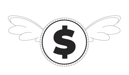 Flying dollar coin with wings 2D line object. Fleeting money, fast spending, financial freedom. Economic flight metaphor isolated clipart vector ink outline item. Monochrome spot illustrationのイラスト素材