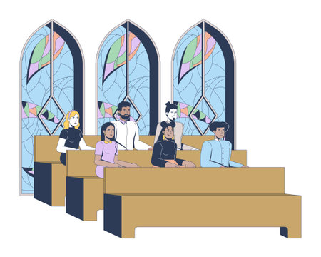 Catholic church congregation 2D vector illustration. Diverse church goers on pews. Believers attend mass. Community parishioners flat characters isolated on white background. Colorful cartoon imageのイラスト素材