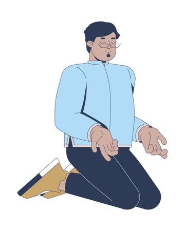 Glasses arab man meditating in prayer 2D cartoon character. Middle eastern male believer kneeling with closed eyes and open palms flat vector person isolated on white. Spot illustration colorfulのイラスト素材