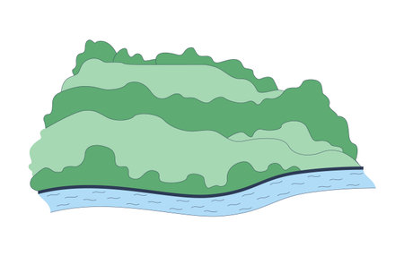 Lush hills with flowing river 2D cartoon object. Peaceful outdoor scenery. Hillside landscape greenery with riverbank riverside isolated element flat vector clip art on white. Spot illustrationのイラスト素材