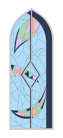 Decorative stained glass church window 2D cartoon object. Arched frame with sacred art. Chapel window with spiritual motif isolated element flat vector clip art on white. Spot illustrationのイラスト素材