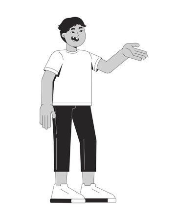 Happy arab boy in casual clothes making welcoming gesture 2D line character. Friendly child. Childhood joy. Expressive kid isolated vector ink outline person. Monochromatic spot illustrationのイラスト素材