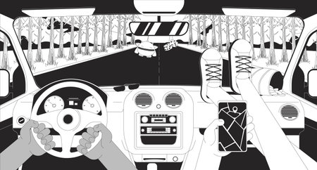 Road trip car interior with gps navigation and snacks lofi illustration outline. Passenger legs on dashboard, driver point view 2D ink linear flat lo fi drawing. Vector line art aesthetic wallpaperのイラスト素材
