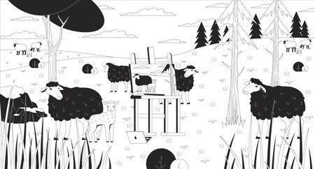 Pastoral landscape with sheep and easel line illustration backdrop. Grazing rural animals across rolling hills with painting on canvas outdoors 2D ink outline monochrome background. Lineart vectorのイラスト素材