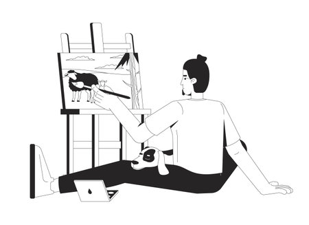 Caucasian male artist painting on easel with dog on lap 2D line character. Artistic hobby with pet companion. Painter man paintbrush isolated vector ink outline person. Monochromatic spot illustrationのイラスト素材