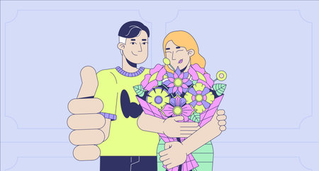 Happy couple celebrating with flowers gift flat illustration. Husband approving with thumb up floral delivery, wife embracing bouquet 2D characters cartoon background. Colorful scene vector art imageのイラスト素材