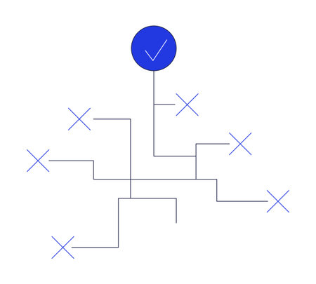 Decision path diagram with check mark 2D cartoon object. Branching decision tree with approved...