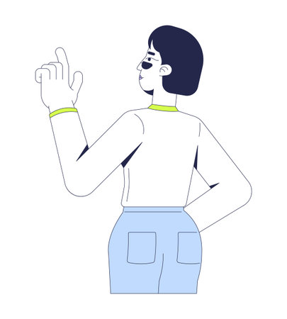 Confident asian woman pointing upward from behind 2D cartoon character. Casual female gesturing direction, instruction, guiding flat vector person isolated on white. Spot illustration colorfulのイラスト素材