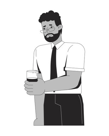 Sad black businessman holding glass of water 2D line character. Bearded african american male office worker with waterglass isolated vector ink outline person. Monochromatic spot illustrationのイラスト素材