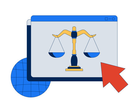 Online user rights 2D illustration concept. Digital law. Internet justice. Web window with balance scales and cursor arrow cartoon composition isolated on white. Flat abstract vector metaphorのイラスト素材