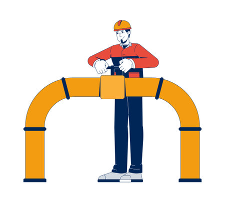 Oil industry worker handling pipeline valve 2D vector illustration. Energy infrastructure. Industrial engineer control over gas flow flat character isolated on white background. Colorful cartoon imageのイラスト素材