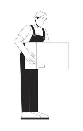 Faceless warehouse worker carrying cardboard box 2D line character. Manual lifting. Packaging employee in overalls and hard hat isolated vector ink outline person. Monochromatic spot illustrationのイラスト素材