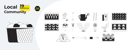 Local garden and farming outline illustrations mega bundle. Vegetables harvest, tools, plants, leafy greens, organic crops 2D linear images isolated. Collection black and white vector drawingsのイラスト素材