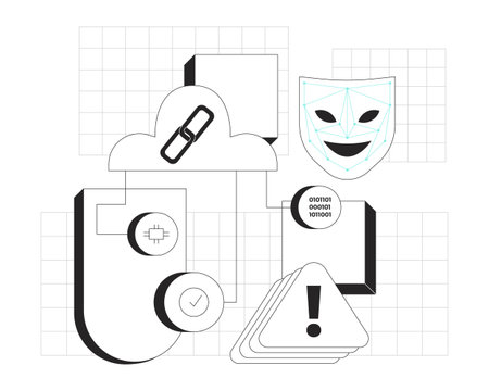 Cloud security and threat detection line onboarding ui illustration. Binary code, face recognition complete, microchip, risk management outline 2D concept isolated. Ink linear metaphor vector artのイラスト素材