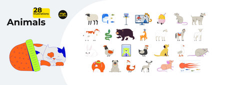 Animals and domestic pets cartoon flat illustrations mega bundle. Farm creatures, marine life, wildlife. Sheep, fish, cats, dogs 2D images isolated on white. Collection vector drawings colorfulのイラスト素材