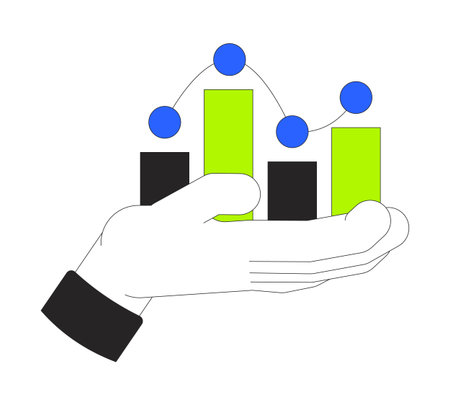 Hand holding analytics bar graph dots vector illustration. Data growth support with barchart. Financial uplift. Strategic analysis 2D cartoon image isolated on white. Editable flat clipart colorfulのイラスト素材