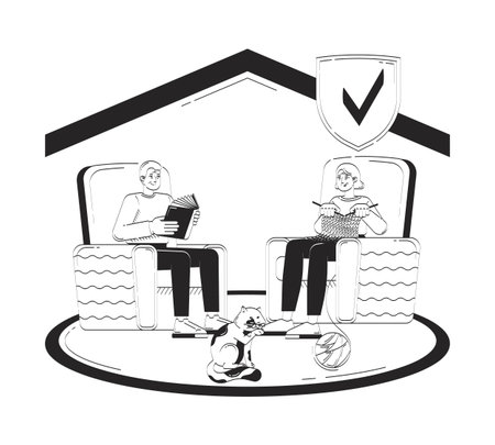 Retiree insurance doodle line illustration concept. Retirement home coverage. Elderly protection. Retired seniors comfortable living 2D outline characters isolated. Hand drawn ink metaphor monochromeのイラスト素材