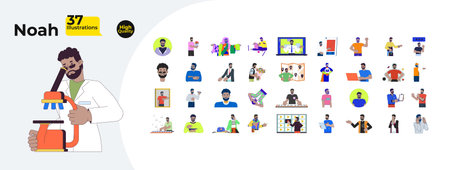 Black man character with professional, creative and lifestyle cartoon flat illustrations mega bundle. Job, communication, playing piano 2D images isolated on white. Collection vector drawings colorfulのイラスト素材