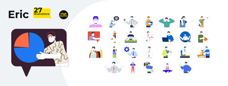 Korean man character for work and communication cartoon flat illustrations mega bundle. Typing, sick, relaxing. Office worker, tourist 2D images isolated on white. Collection vector drawings colorfulのイラスト素材