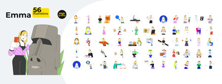 Caucasian woman character with expressions and activities cartoon flat illustrations mega bundle. Presenting, cooking, studying, traveling 2D images isolated. Collection vector drawings colorfulのイラスト素材