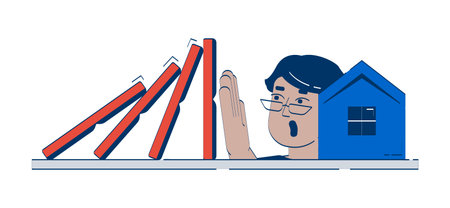 Real estate protection doodle illustration concept. Realty coverage. Property safety. Arab man stopping falling dominoes on home cartoon 2D character isolated on white. Hand drawn vector metaphorのイラスト素材