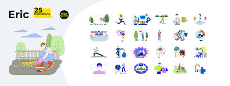 Chinese man character with work and everyday scenes cartoon flat illustrations mega bundle. Business, farming, technology, charts 2D images isolated on white. Collection vector drawings colorfulのイラスト素材