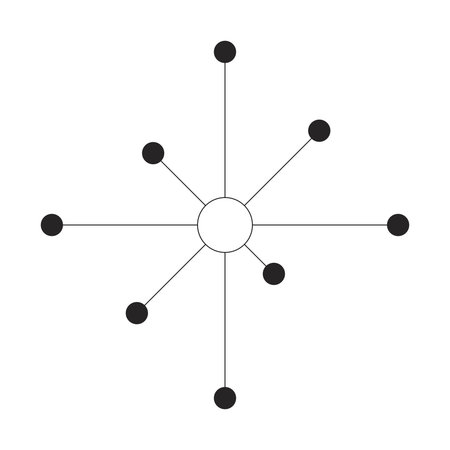 Radial network node diagram 2D line object. Connectivity, communication. Visual data. Simple central circle connected with dots isolated clipart vector ink outline item. Monochrome spot illustrationのイラスト素材