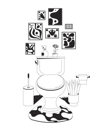Artistic bathroom interior with wall art and toilet outline illustration. Decorated restroom fixture with home essentials, flowerpot 2D line scene isolated on white. Monochrome vector ink linear imageのイラスト素材