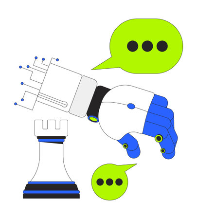Robot chess strategy communication 2D cartoon objects set. AI robotics with rook chessman, chat bubbles messaging isolated elements flat vector clip arts on white. Spot illustrations collectionのイラスト素材