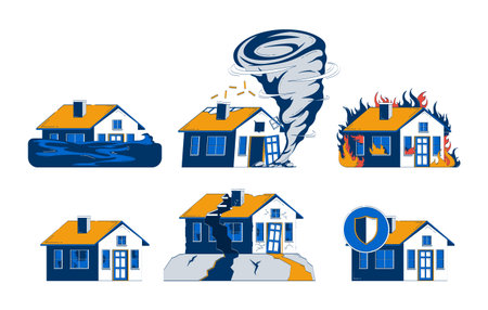 Common homeowners insurance claims doodle illustration concept set. Property destruction. Natural disasters and home damage cartoon 2D scenes isolated on white. Hand drawn vector metaphor collectionのイラスト素材