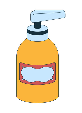 Liquid soap dispenser bottle 2D cartoon object. Bathroom decor. Hygiene product with blank label, pump top. Skincare container isolated element flat vector clip art on white. Spot illustrationのイラスト素材