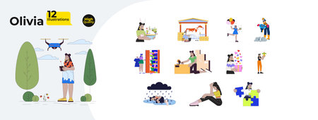 Curvy latina woman with work, holidays, depression cartoon flat illustrations mega bundle. Drone using, celebrating, packing tape 2D images isolated on white. Collection vector drawings colorfulのイラスト素材