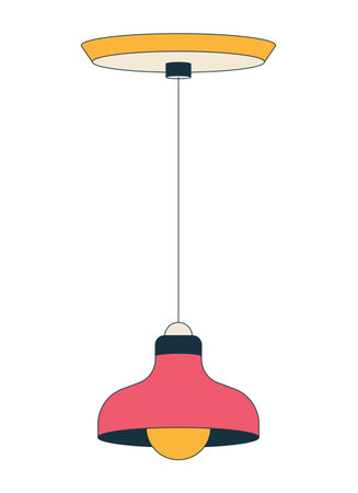 Hanging retro pendant light with lampshade 2D cartoon object. Ceiling fixture suspended by thin cord with lamp bulb. Home lighting isolated element flat vector clip art on white. Spot illustrationのイラスト素材