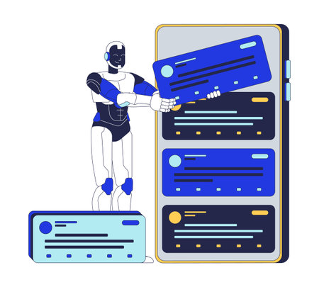 AI algorithms in digital content sorting 2D illustration concept. Artificial intelligence filtering out automated social media feed cartoon character isolated on white. Flat abstract vector metaphorのイラスト素材
