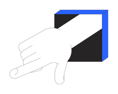 Hand pointing out of square frame vector illustration. Interactive command, input. Index finger gesture emerging from cube shape 2D cartoon image isolated on white. Editable flat clipart colorfulのイラスト素材