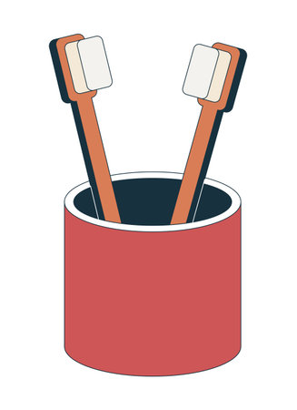 Toothbrush holder with wooden brushes 2D cartoon object. Dental care. Bathroom essentials. Daily hygiene items. Toiletries isolated element flat vector clip art on white. Spot illustrationのイラスト素材