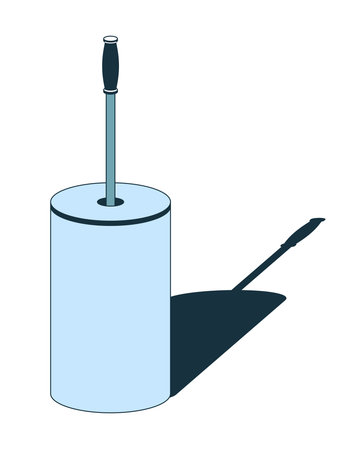Plastic toilet brush with cylindrical holder 2D cartoon object. Cleaning utility, sanitation accessory, bathroom. Hygiene tool isolated element flat vector clip art on white. Spot illustrationのイラスト素材