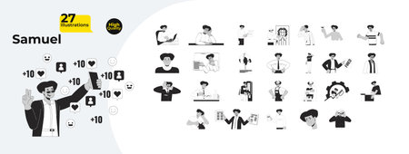 Hispanic male character with work, emotions and social media outline illustrations mega bundle. Employee, sick, relaxing, tired 2D linear images isolated. Collection black and white vector drawingsのイラスト素材