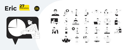 Korean man character for work and communication outline illustrations mega bundle. Typing, sick, relaxing. Office worker, tourist 2D linear images isolated. Collection black and white vector drawingsのイラスト素材