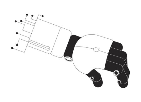 Robotic hand with digital circuit outline illustration. Robot arm. Artificial intelligence technology. Futuristic prosthesis circuitry isolated 2D vector image black and white. Linear drawing clip artのイラスト素材
