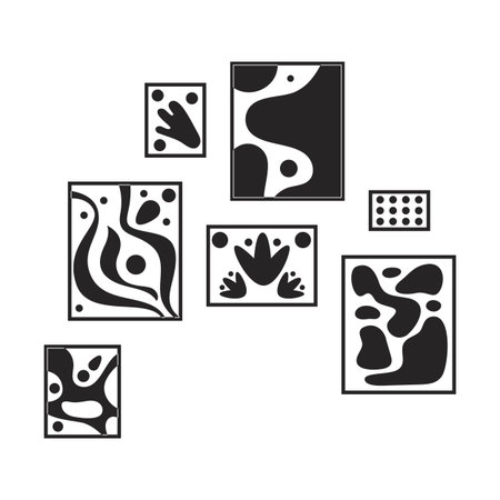 Framed abstract wall art pieces 2D line object. Interior decor. Modern creative artworks. Eclectic paintings wooden frames isolated clipart vector ink outline item. Monochrome spot illustrationのイラスト素材