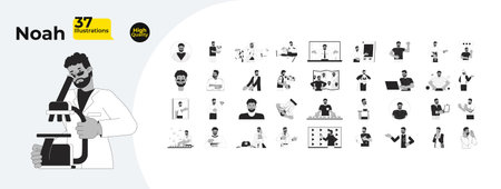 Black man character with professional, creative and lifestyle outline illustrations mega bundle. Job, communication, playing piano 2D linear images isolated. Collection black and white vector drawingsのイラスト素材