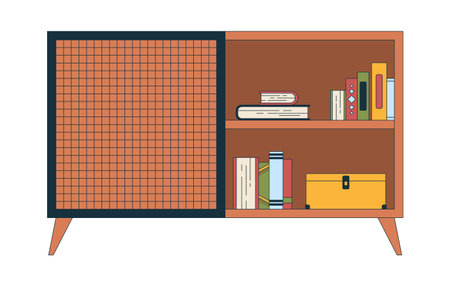 Mid-century cabinet cupboard with books 2D cartoon object. Bookshelf, sideboard. Organized shelf. Retro furniture sliding door isolated element flat vector clip art on white. Spot illustrationのイラスト素材